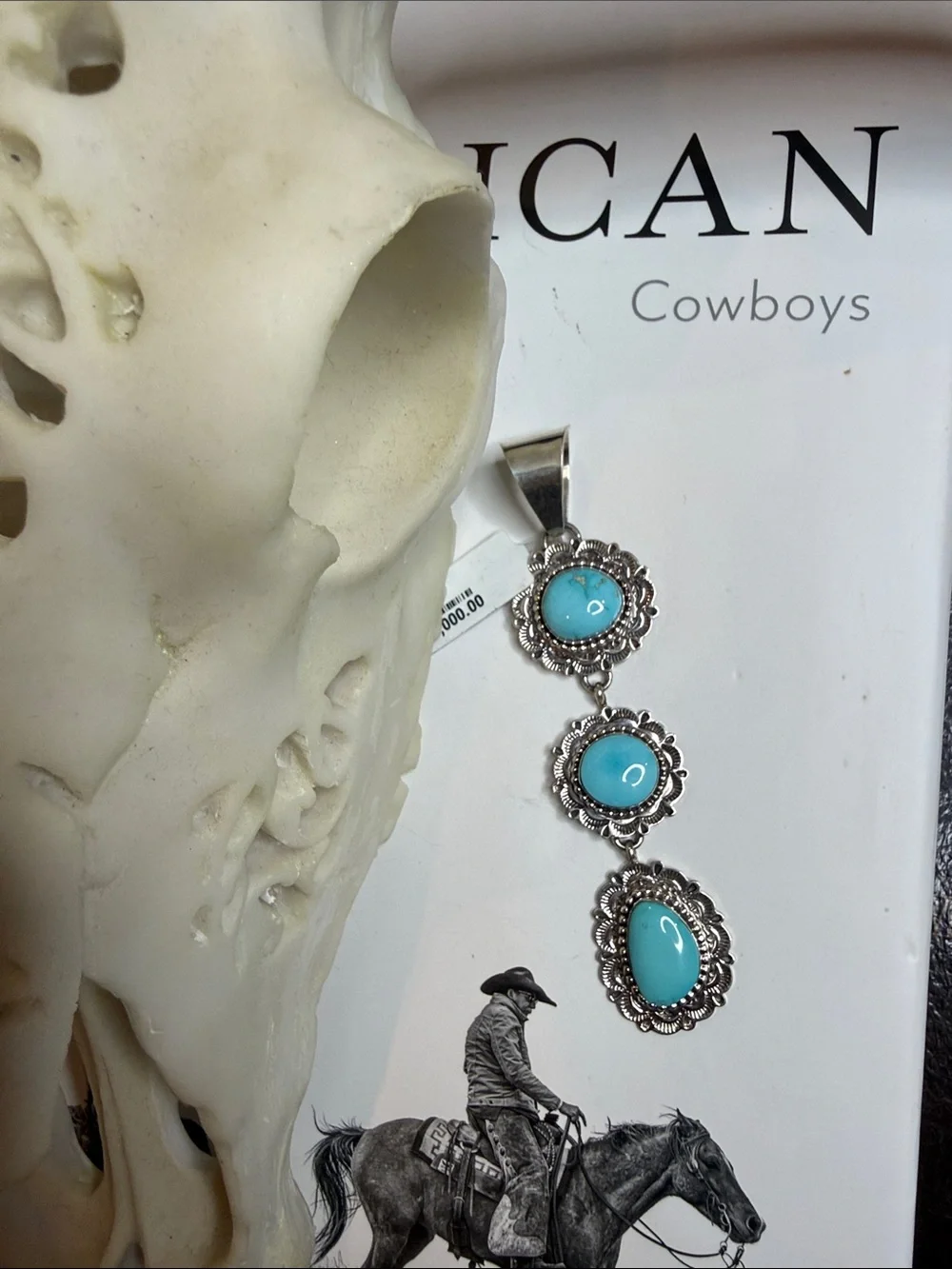 Three Stone Dangle Pendant Lone Mountain Turquoise Stamp Eula Wylie - 9.25 SS
